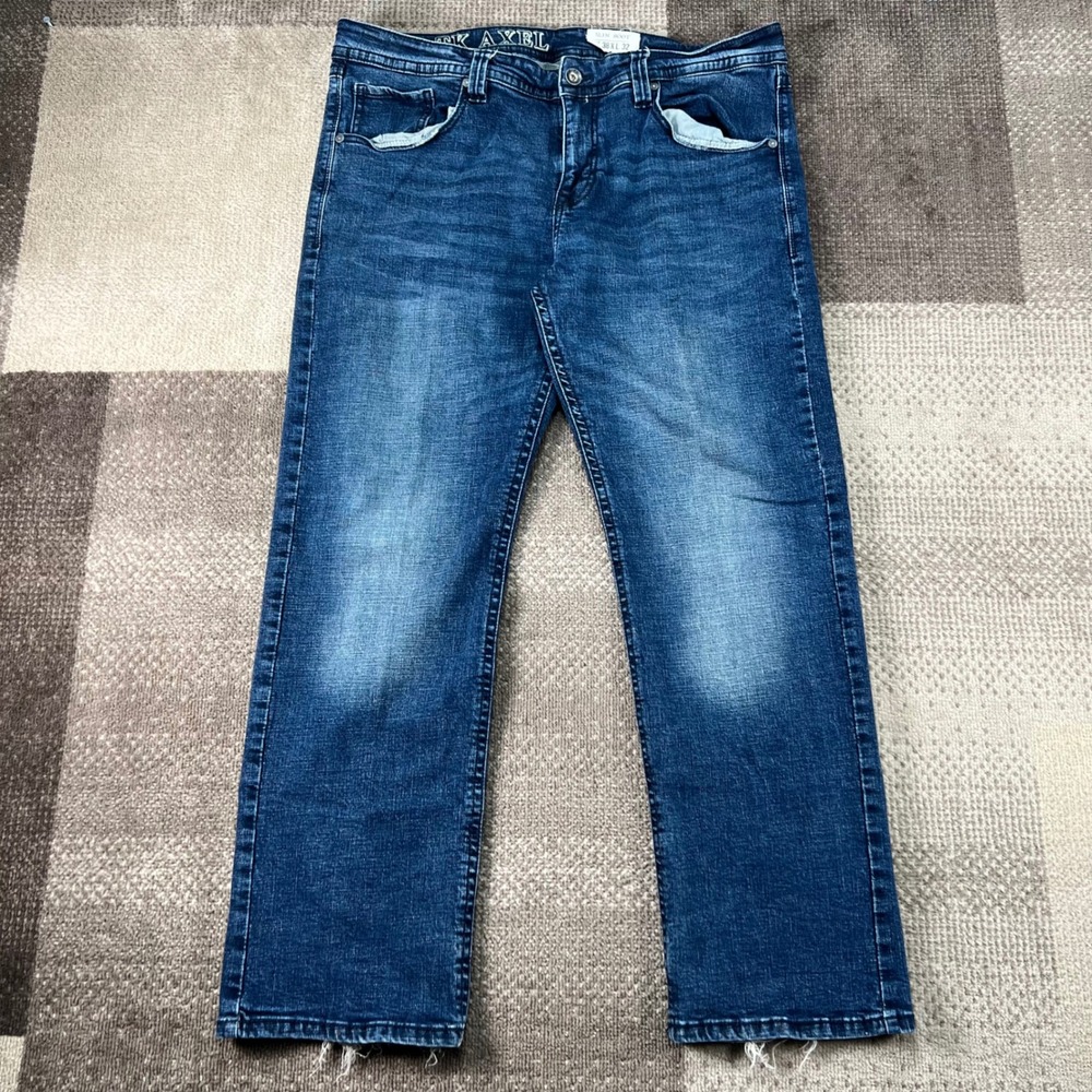 TK Axel Mens Slim Bootcut Jeans Blue Distressed Frayed Hem 38x32‎ Stretch Denim